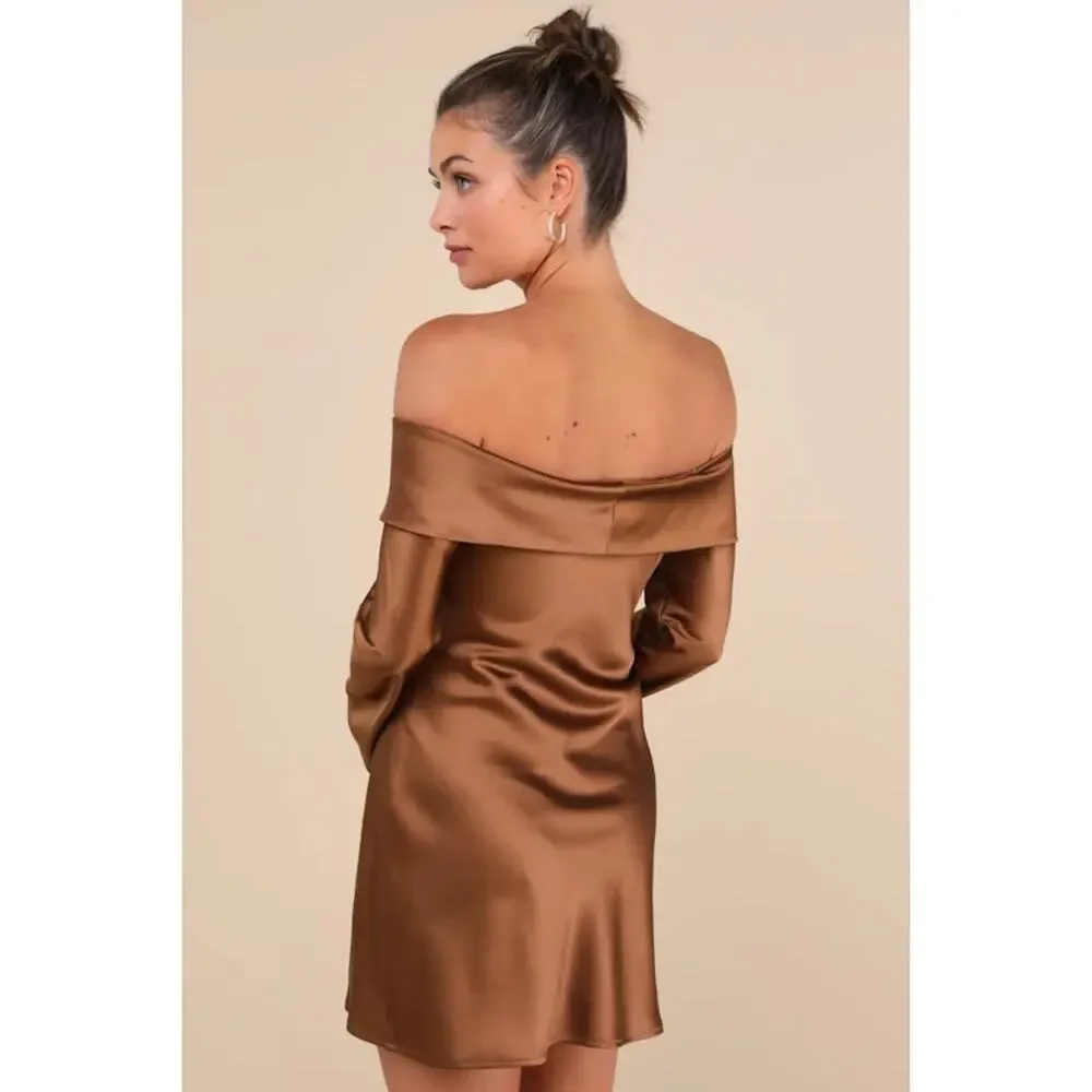 NWT Lulus Luxurious Vision Brown Satin Off-the-Shoulder Mini Dress Party Size L